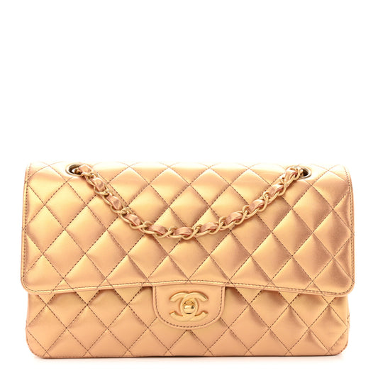 Metallic Lambskin Quilted Medium Double Flap Golden