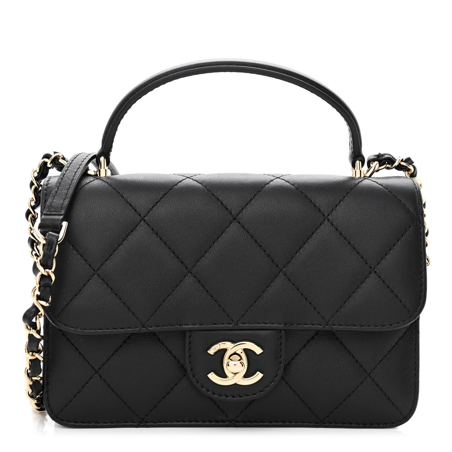 Calfskin Quilted Small Top Handle Flap Black