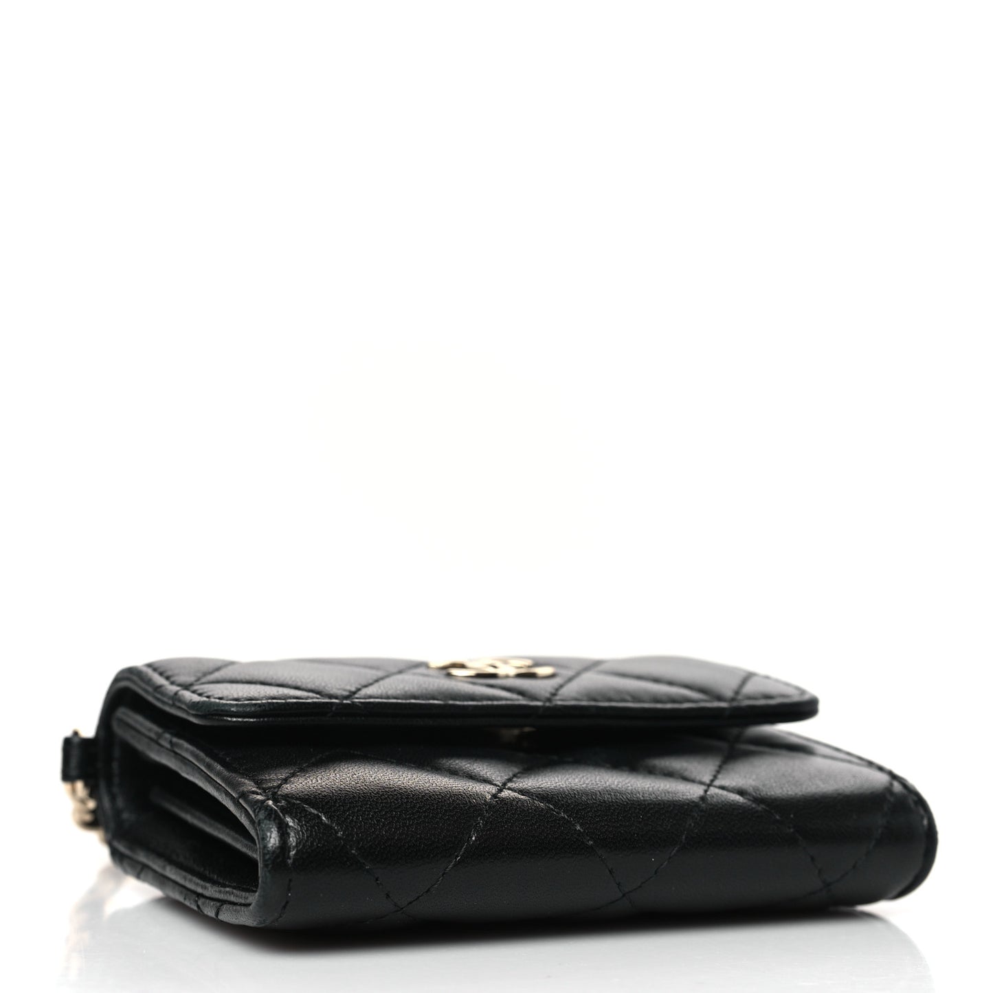 Lambskin Quilted Pearl Card Holder With Chain Black