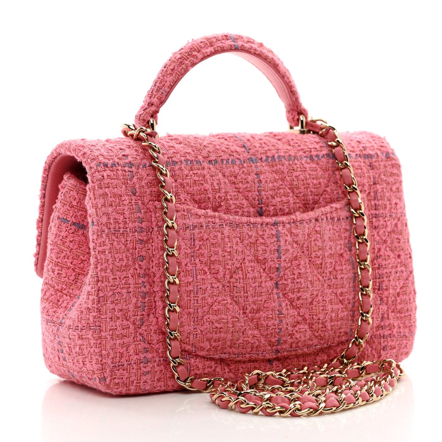 Tweed Quilted Mini Top Handle Rectangular Flap Dark Pink