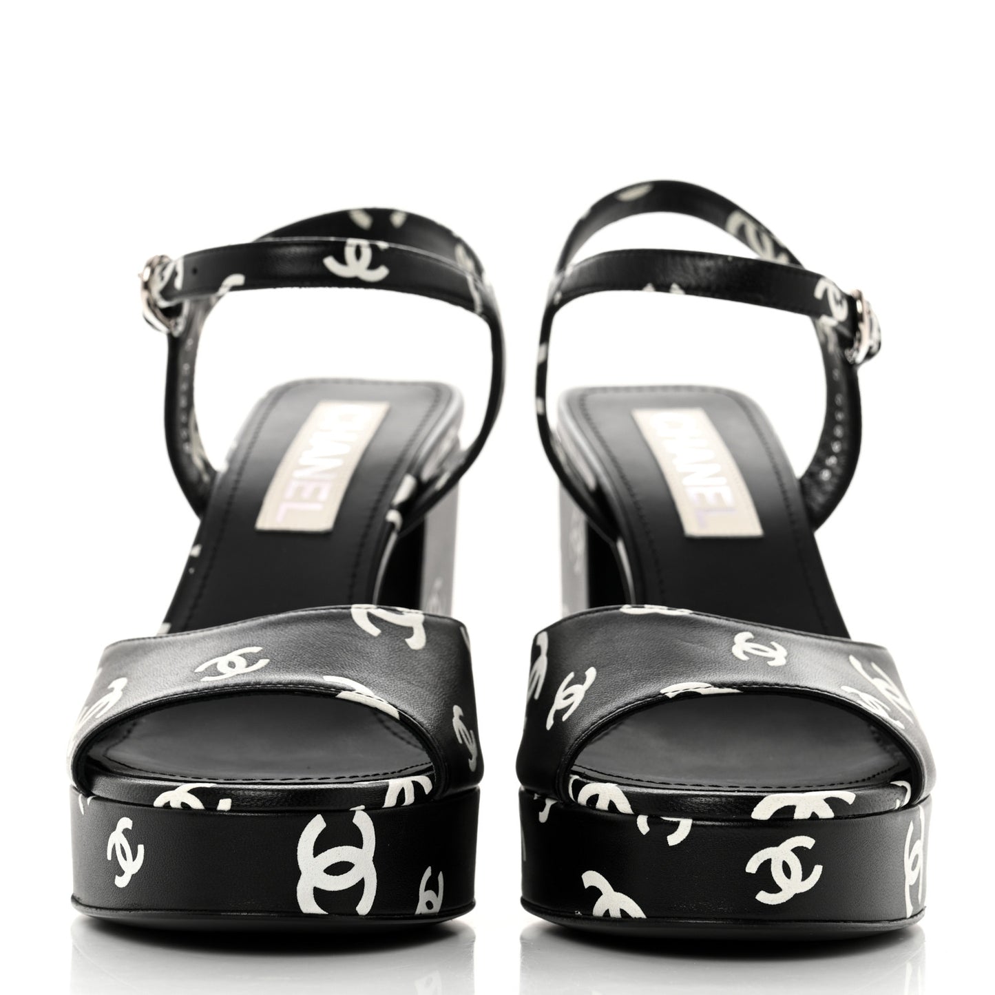 Printed Lambskin CC Platform Sandals 39 Black White