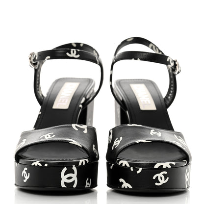 Chanel Printed Lambskin CC Platform Sandals 39 Black White 2 of 9