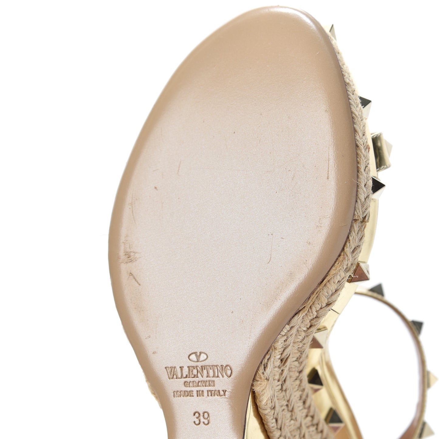 Metallic Calfskin Raffia Rockstud T-Strap Slingback Espadrille Wedge Sandals 39 Gold
