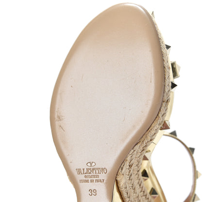Valentino Garavani Metallic Calfskin Raffia Rockstud T-Strap Slingback Espadrille Wedge Sandals 39 Gold 20 of 21