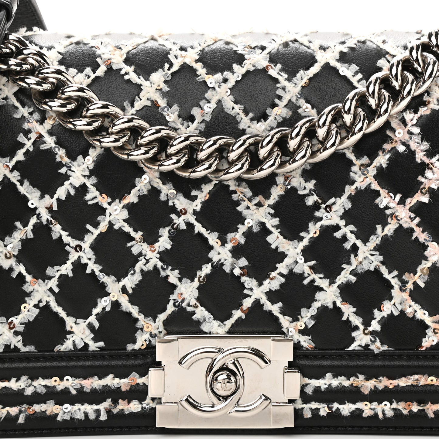 Calfskin Tweed Sequin Stitched Medium Boy Flap Black White