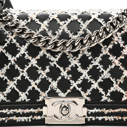 Chanel Calfskin Tweed Sequin Stitched Medium Boy Flap Black White 8 of 10