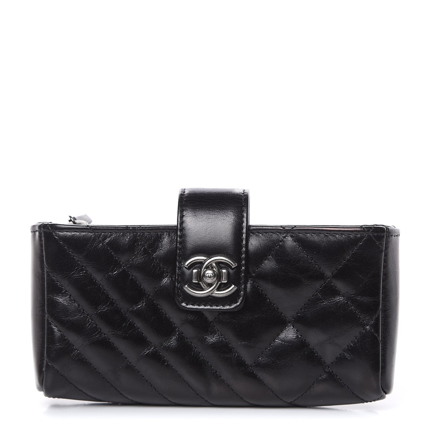 Glazed Calfskin Quilted Mini Phone Holder Clutch Black