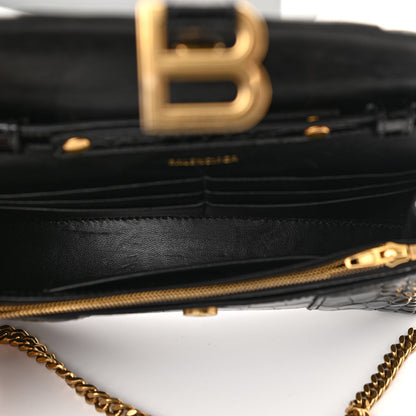 Balenciaga Shiny Calfskin Crocodile Embossed Hourglass Chain Bag Black 4 of 10