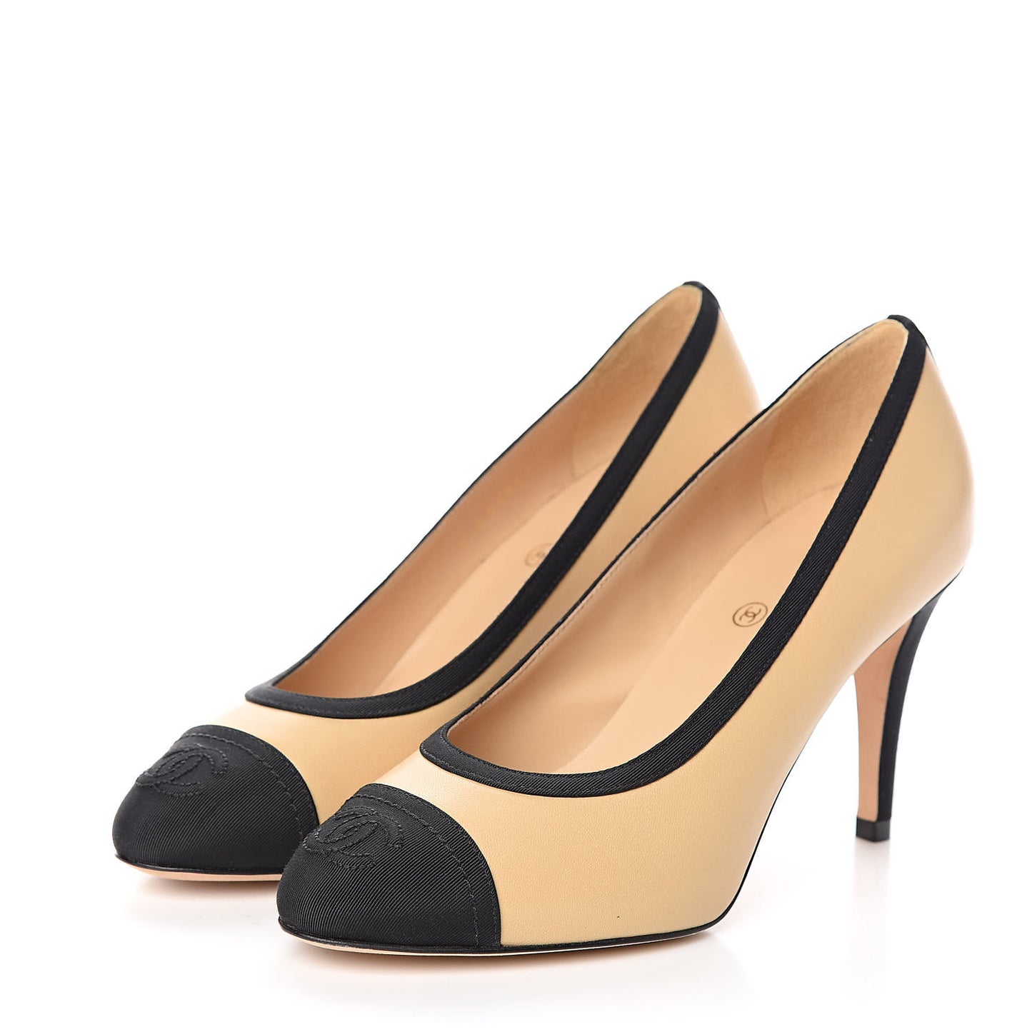 Lambskin Grosgrain Cap Toe CC Pumps 35.5 Beige Black