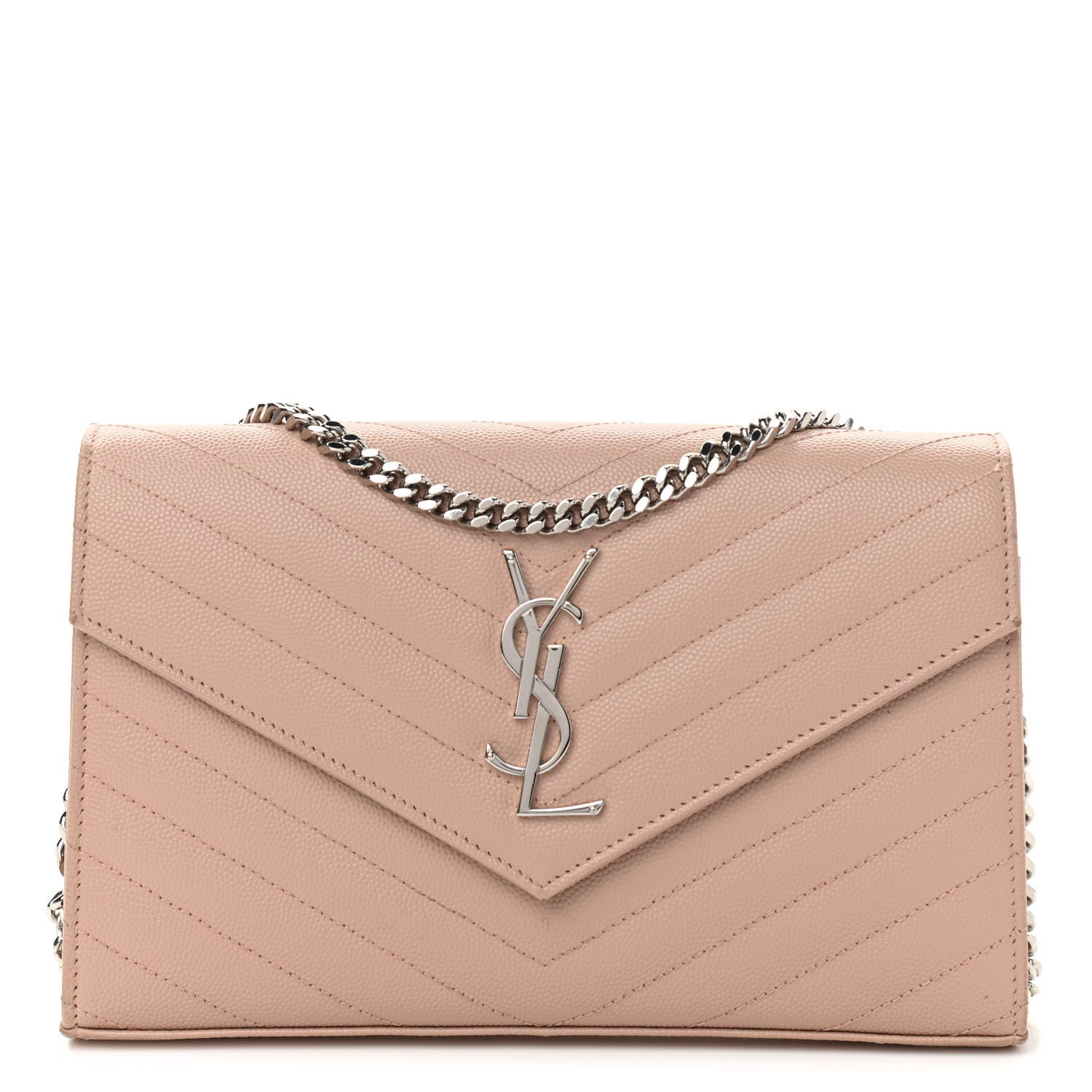 Saint Laurent Grain De Poudre Matelasse Chevron Cassandre Chain Wallet Pale Pink 1 of 11