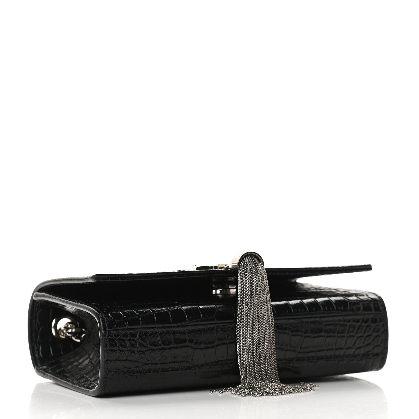 Calfskin Crocodile Embossed Small Classic Monogram Kate Tassel Satchel Black