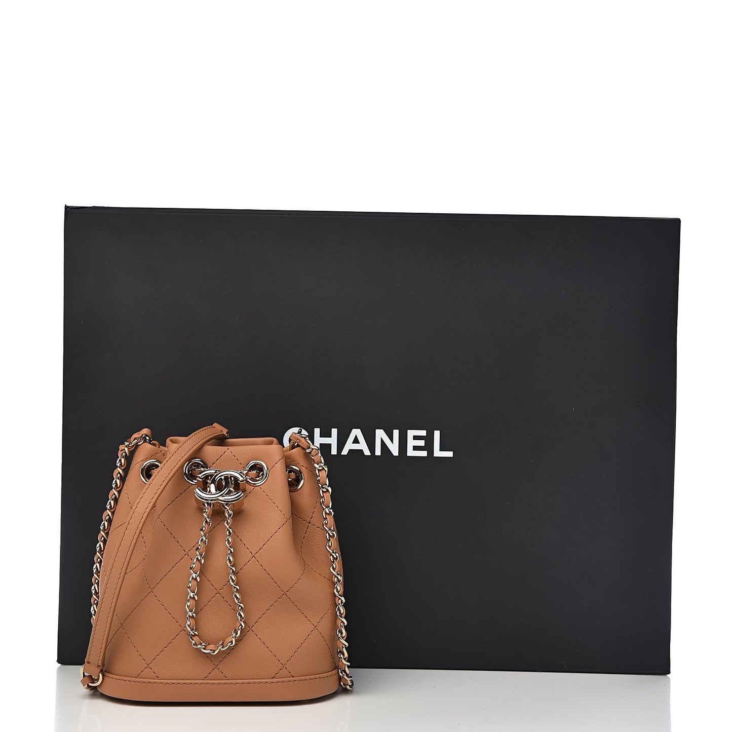 Calfskin Stitched Chain Bucket Bag Beige