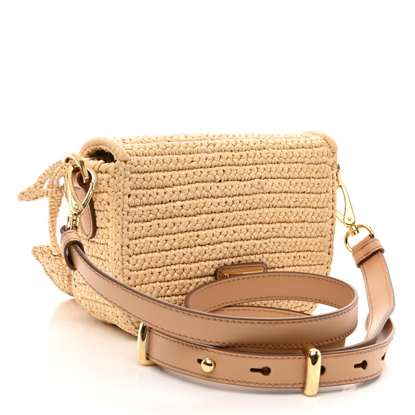 Yarn Raffia Effect Crochet Logo Embroidered Flap Shoulder Bag Naturale