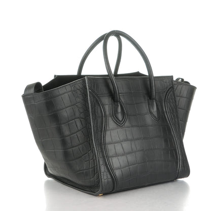 Celine Crocodile Embossed Calfskin Medium Phantom Luggage Black 3 of 8