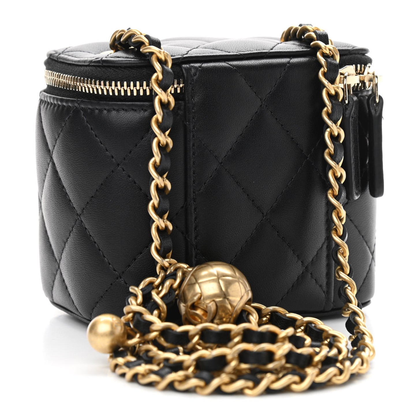 Lambskin Quilted Mini Pearl Crush Vanity Case With Chain Black