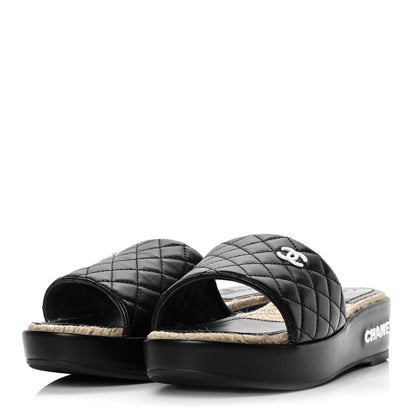 Chanel Lambskin Quilted CC Espadrille Slip On Sandals 39 Black 3 of 10