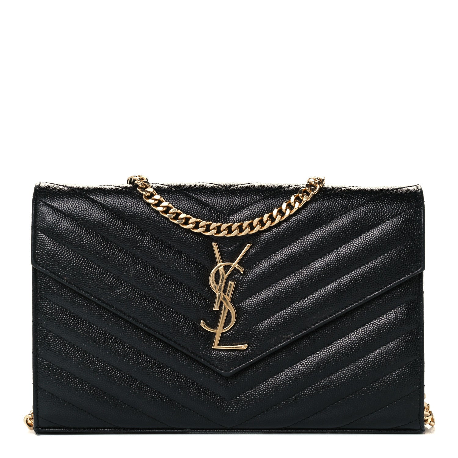 Saint Laurent Grain De Poudre Matelasse Chevron Monogram Chain Wallet Black 1 of 11
