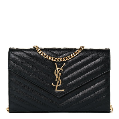 Saint Laurent Grain De Poudre Matelasse Chevron Monogram Chain Wallet Black 1 of 11