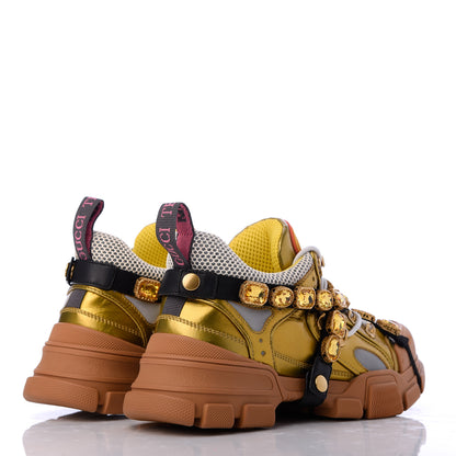 Gucci X SEGA Metallic Calfskin Mesh Removable Crystals Womens Flashtrek Sneakers 39 Oro Vecchio Mystic White Silver 4 of 19