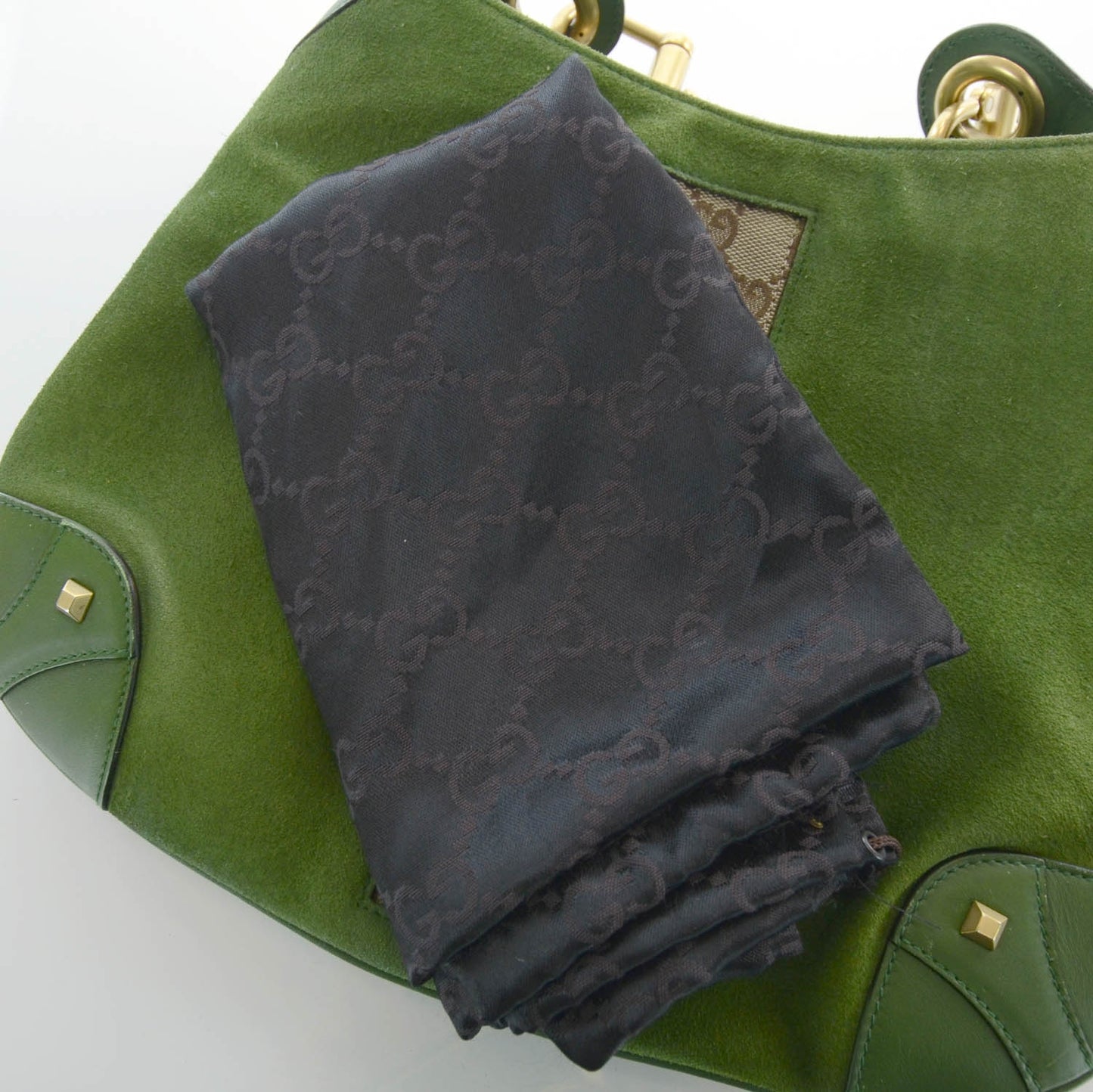 Suede Monogram Web Piston Lock Jackie O Hobo Green