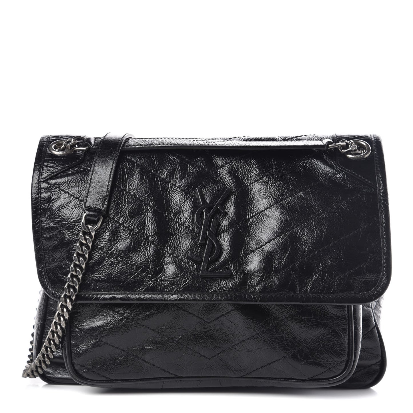 Crinkled Calfskin Matelasse Monogram Medium Niki Chain Satchel Black