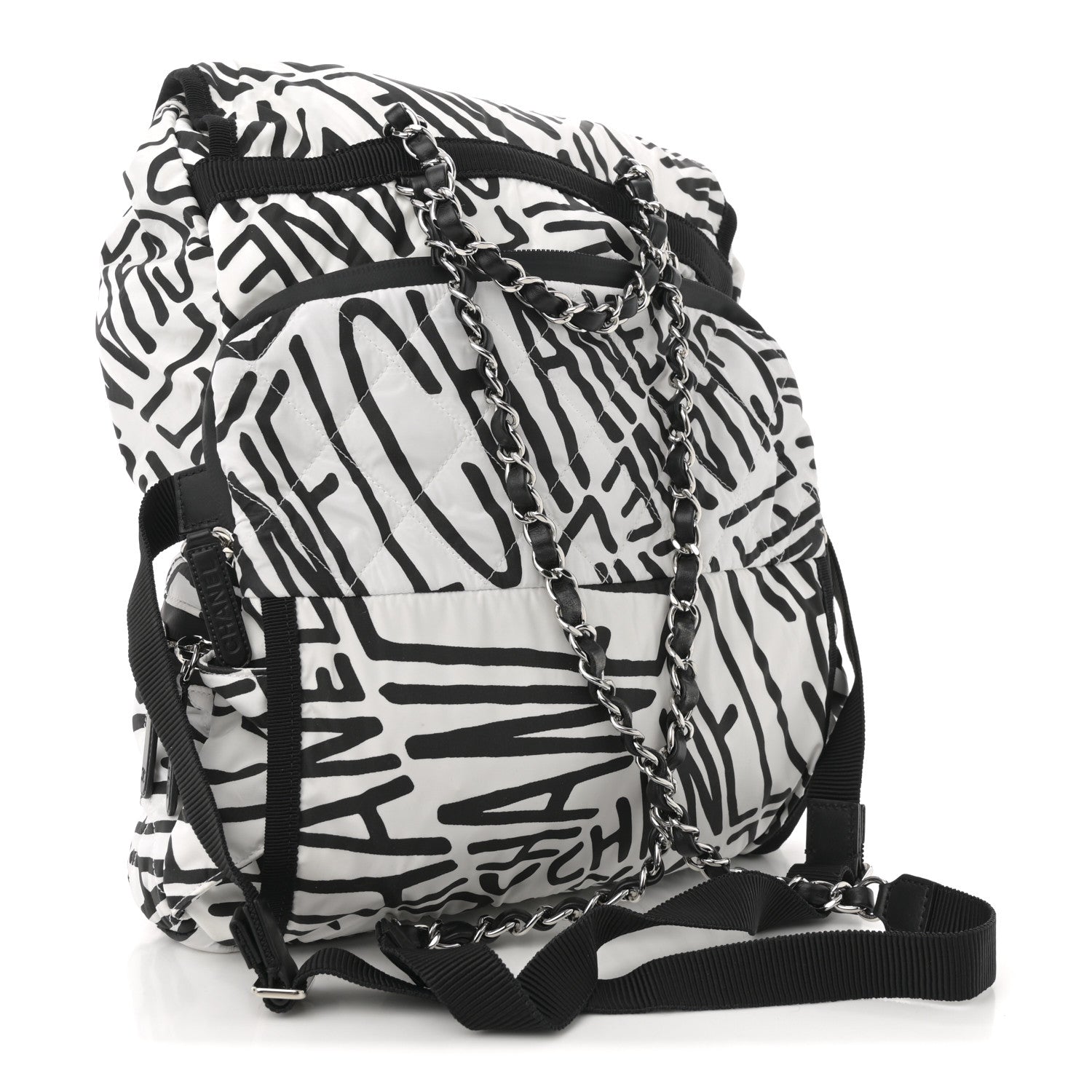 Chanel Nylon Printed Quilted Coco Neige Convertible Backpack Black White 5 of 25