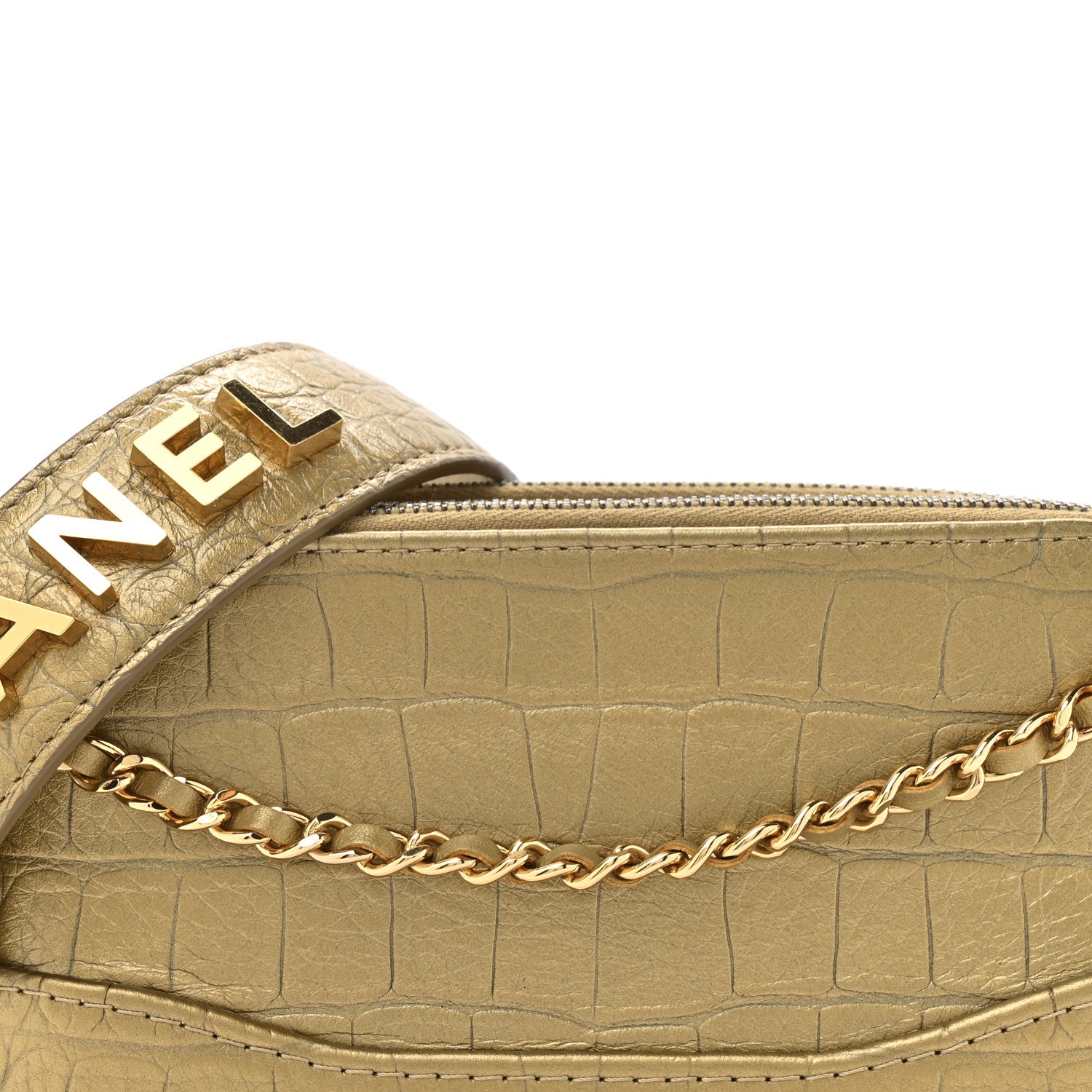 Chanel Metallic Calfskin Crocodile Embossed Small Gabrielle Clutch With Chain Gold 11 of 13