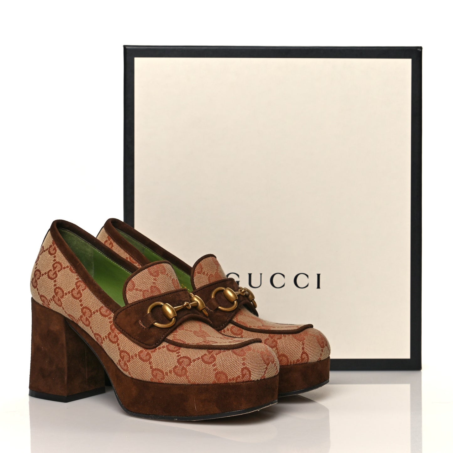 GG Monogram Suede Houdan Mid Heel Platform Loafers 35.5 Beige Ruggine Maroon