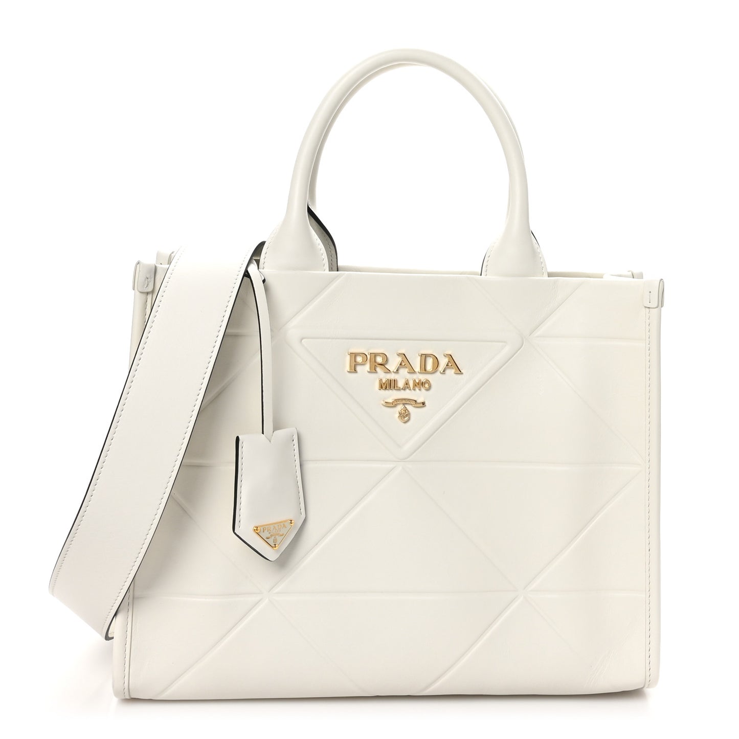 Soft Calfskin Triangolo Symbole Embossed Small Tote White