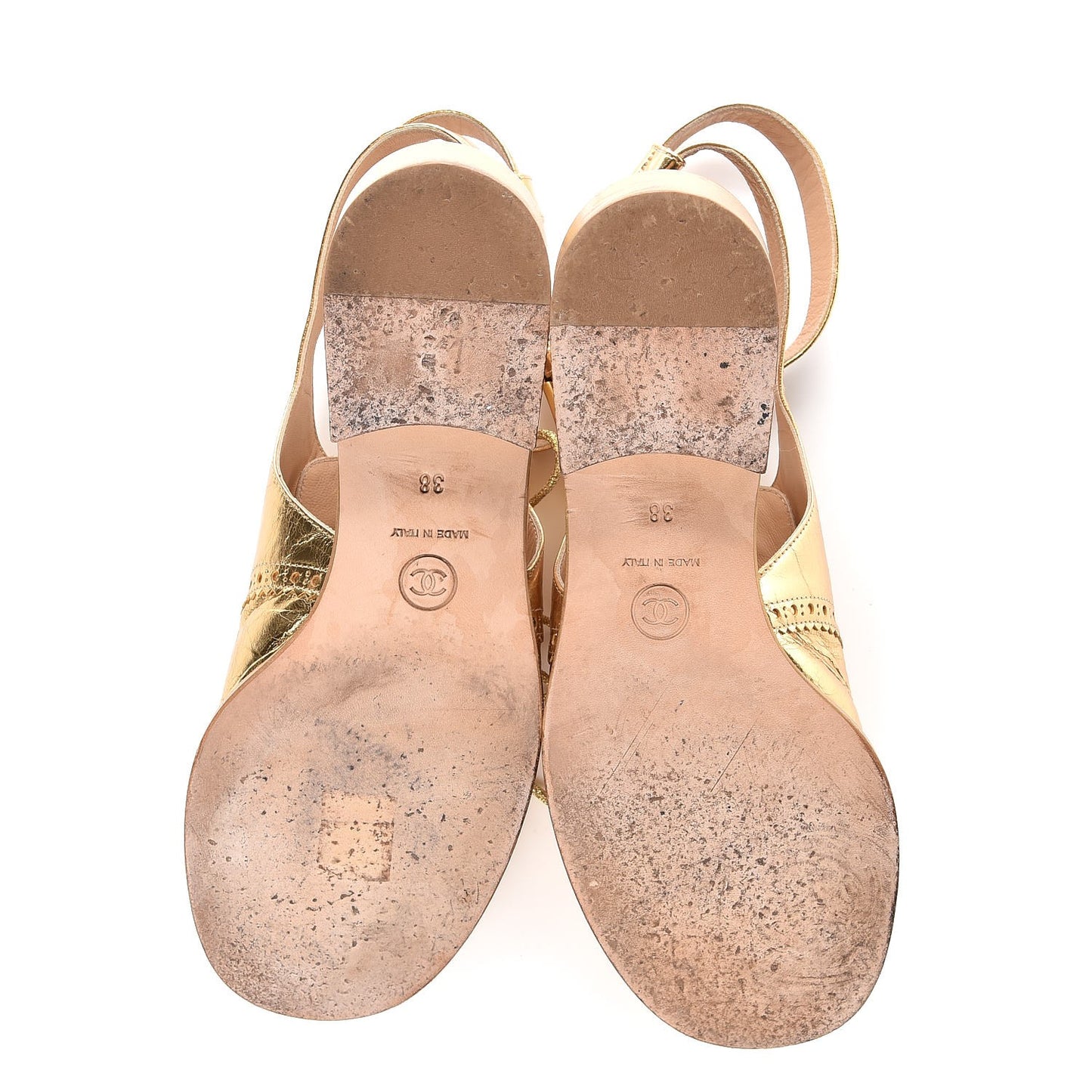 Metallic Calfskin CC Brogue Lace Up Ankle Strap Oxford Peep Toe Sandals 38 Gold