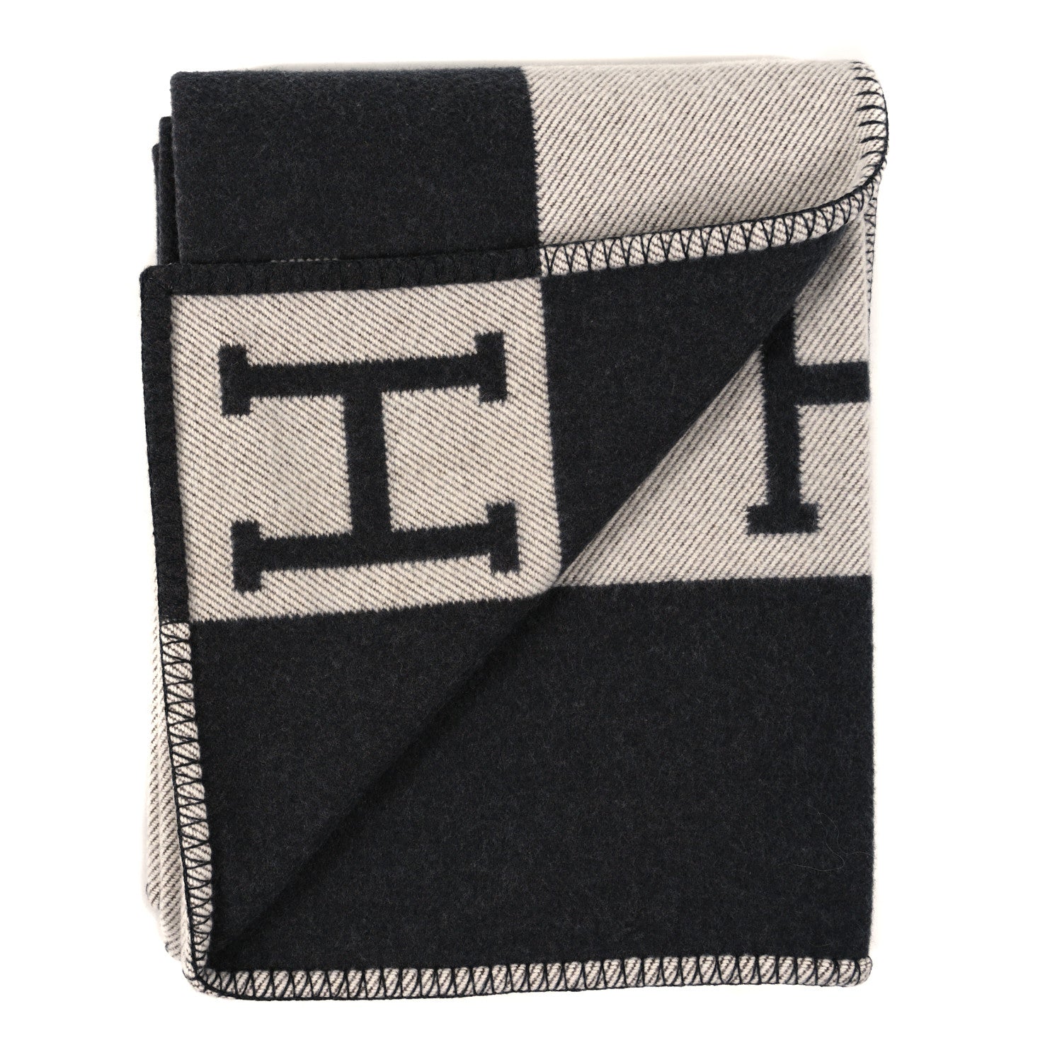 Hermes Wool Cashmere Signature Avalon Blanket Ecru Gris Fonce 2 of 3