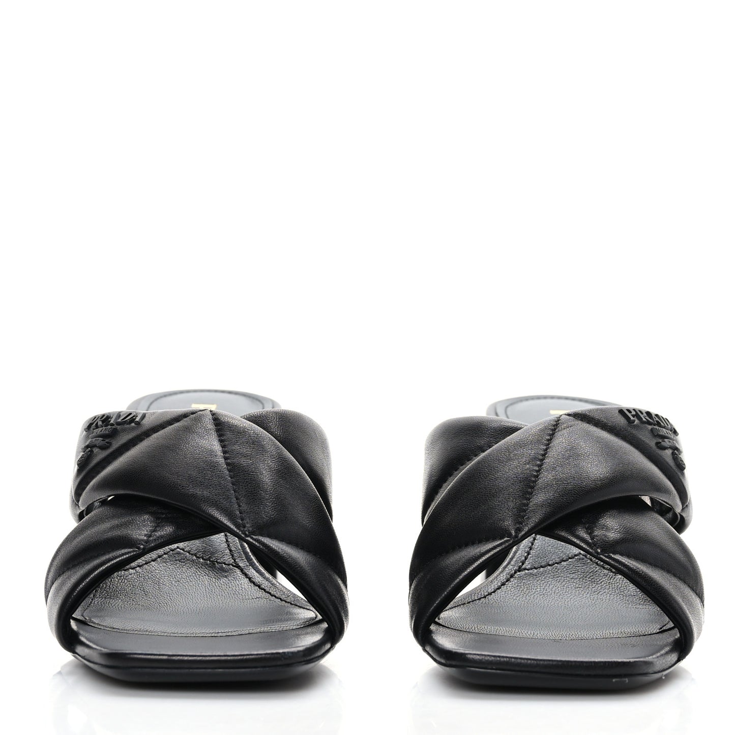 Nappa Logo Quilted Crisscross 65mm Block Heel Slide Sandals 39 Black