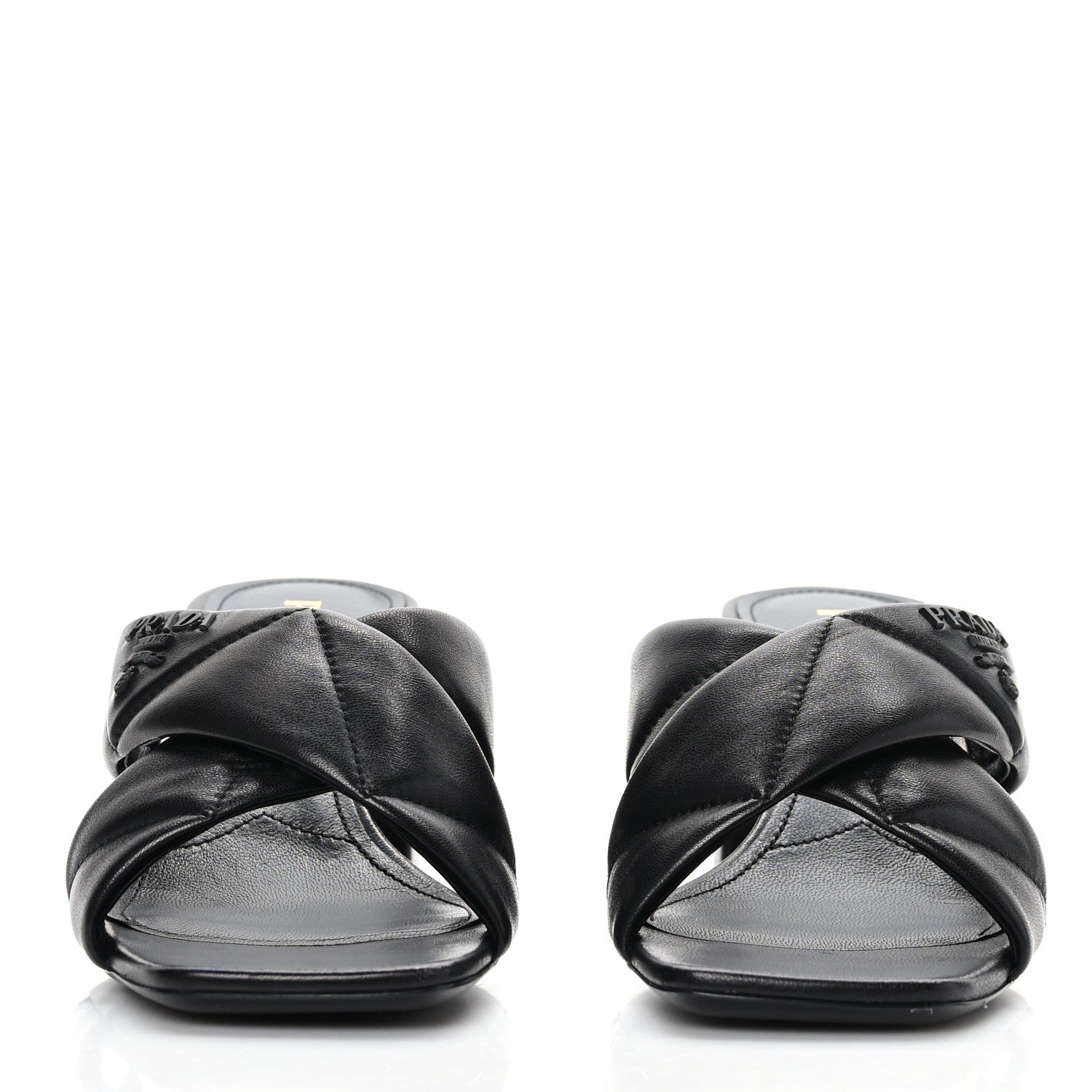 Prada Nappa Logo Quilted Crisscross 65mm Block Heel Slide Sandals 39 Black 2 of 7