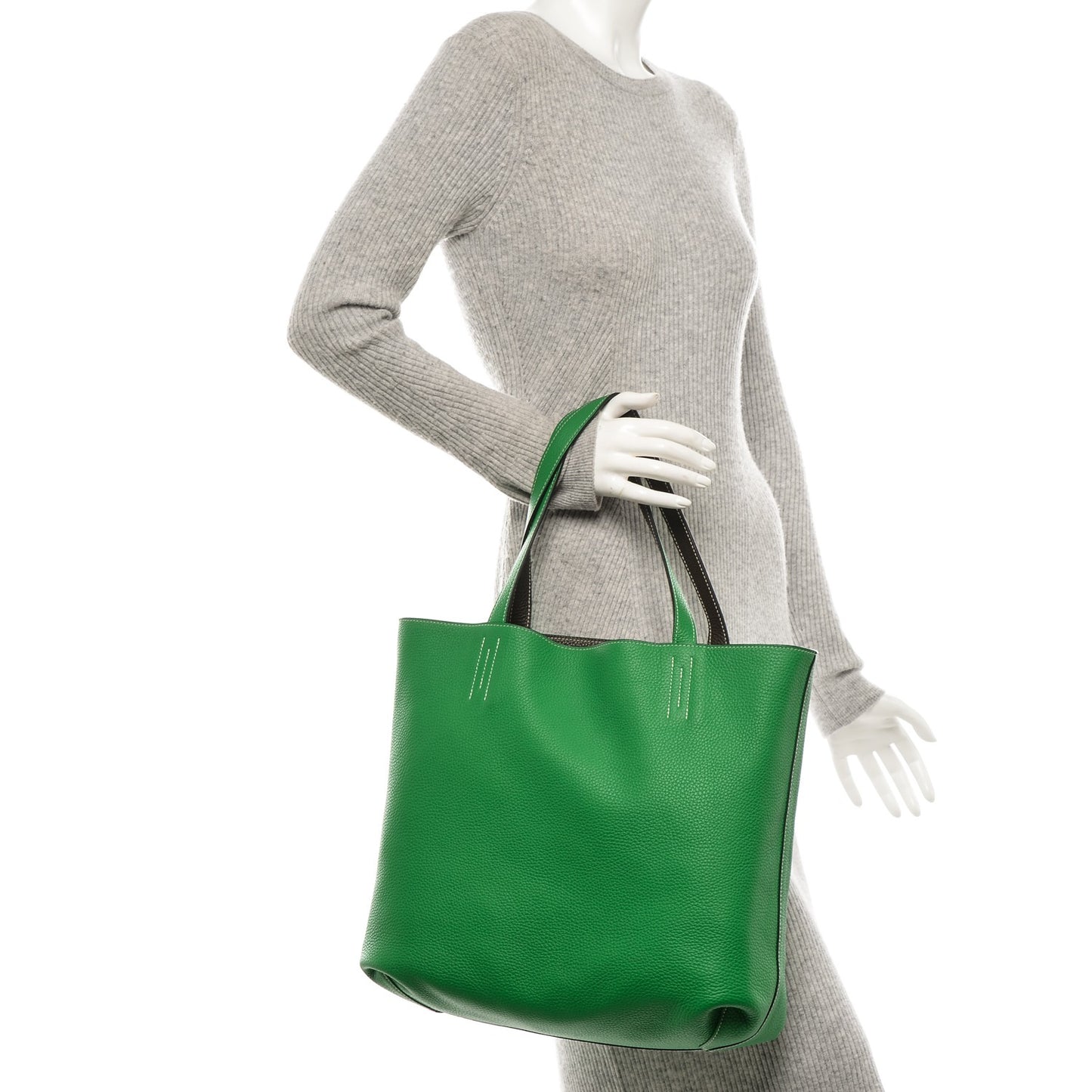 Taurillon Clemence Double Sens 36 Reversible Tote Vert De Gris Bamboo