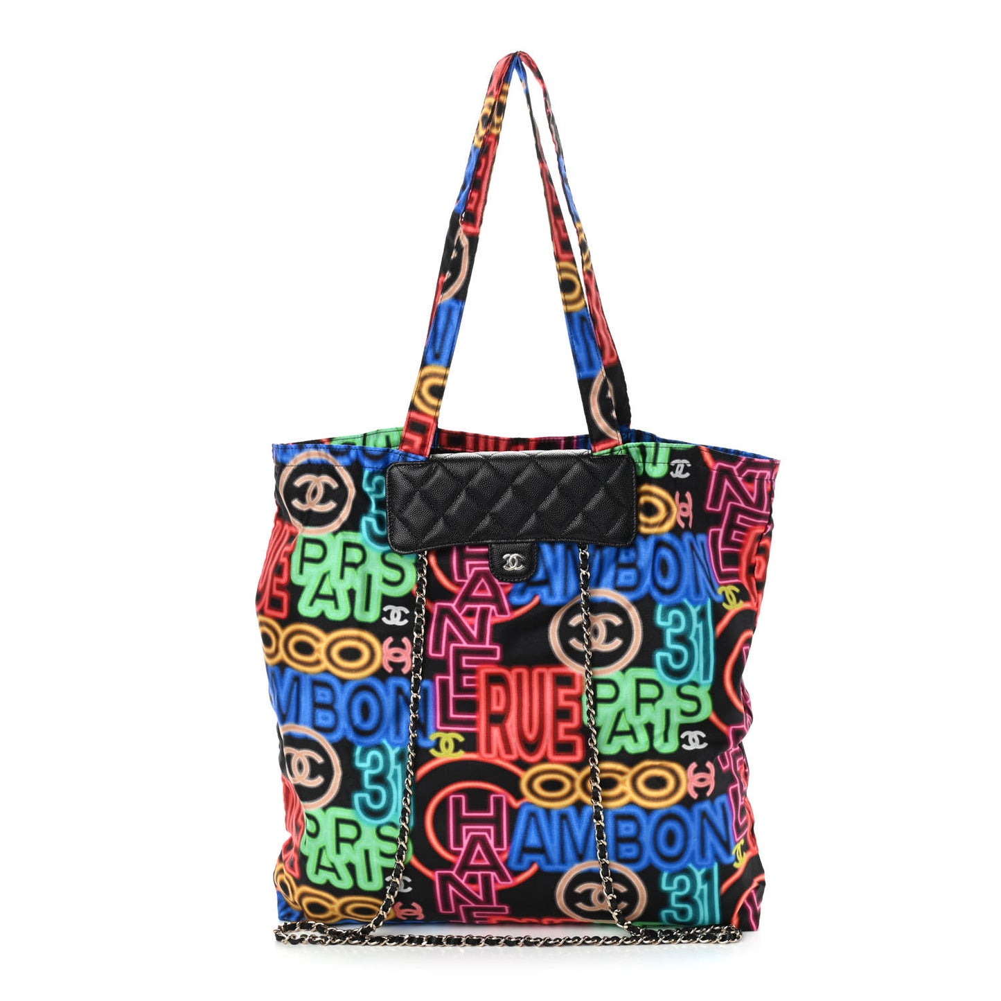 Caviar Fabric Graffiti Foldable Tote Bag With Chain Black Multicolor