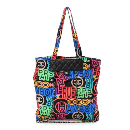 Chanel Caviar Fabric Graffiti Foldable Tote Bag With Chain Black Multicolor 3 of 13