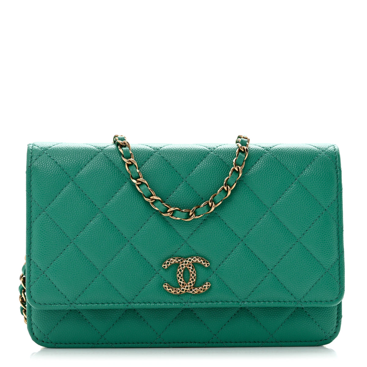 Caviar Quilted Perforated Metal CC Wallet on Chain WOC Green