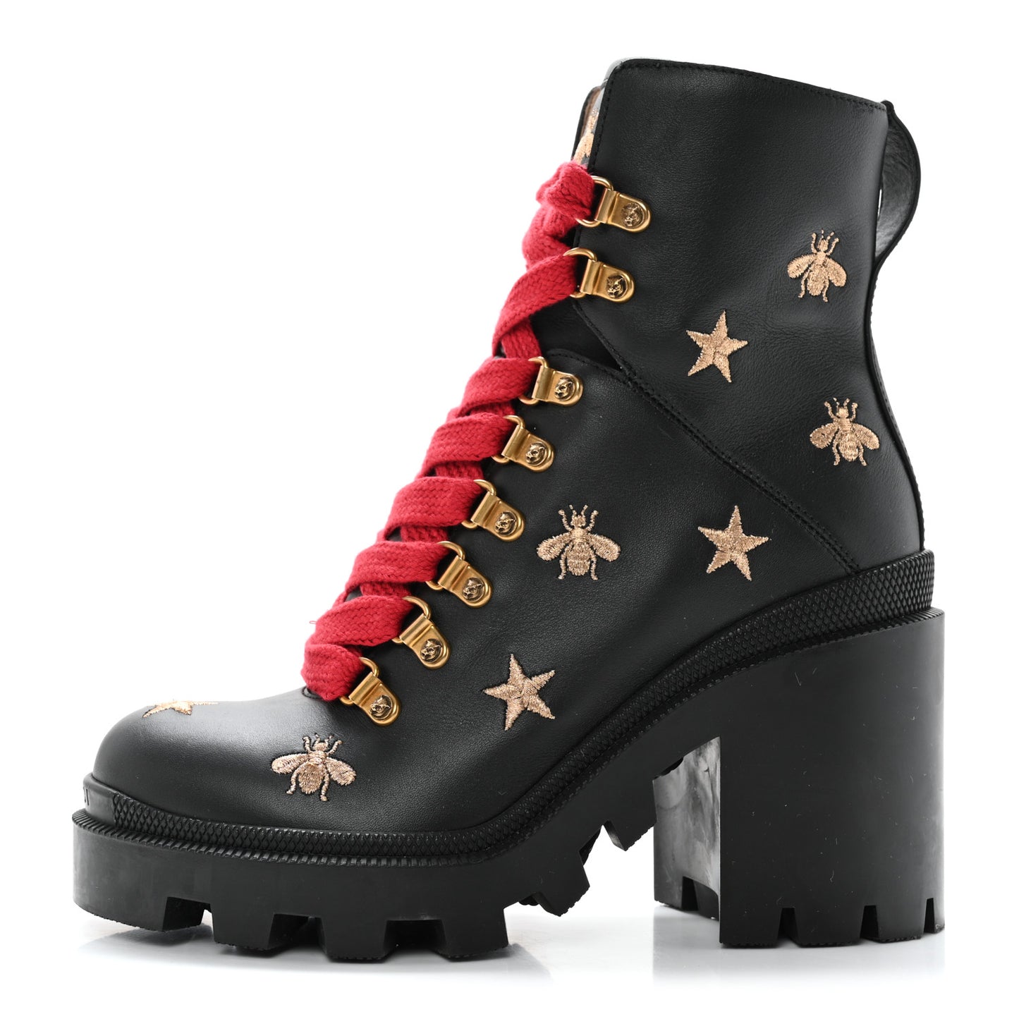 Calfskin Embroidered Lace Up Combat Ankle Boots 36 Black