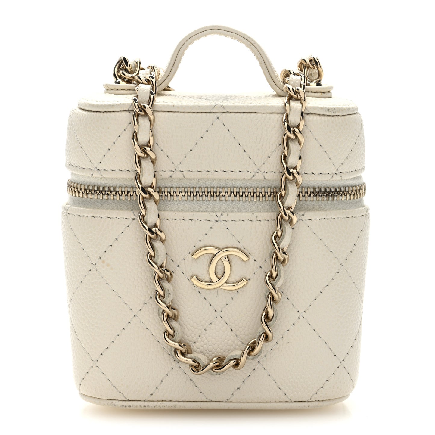 Caviar Quilted Small Handle With Care Vanity Case With Chain White