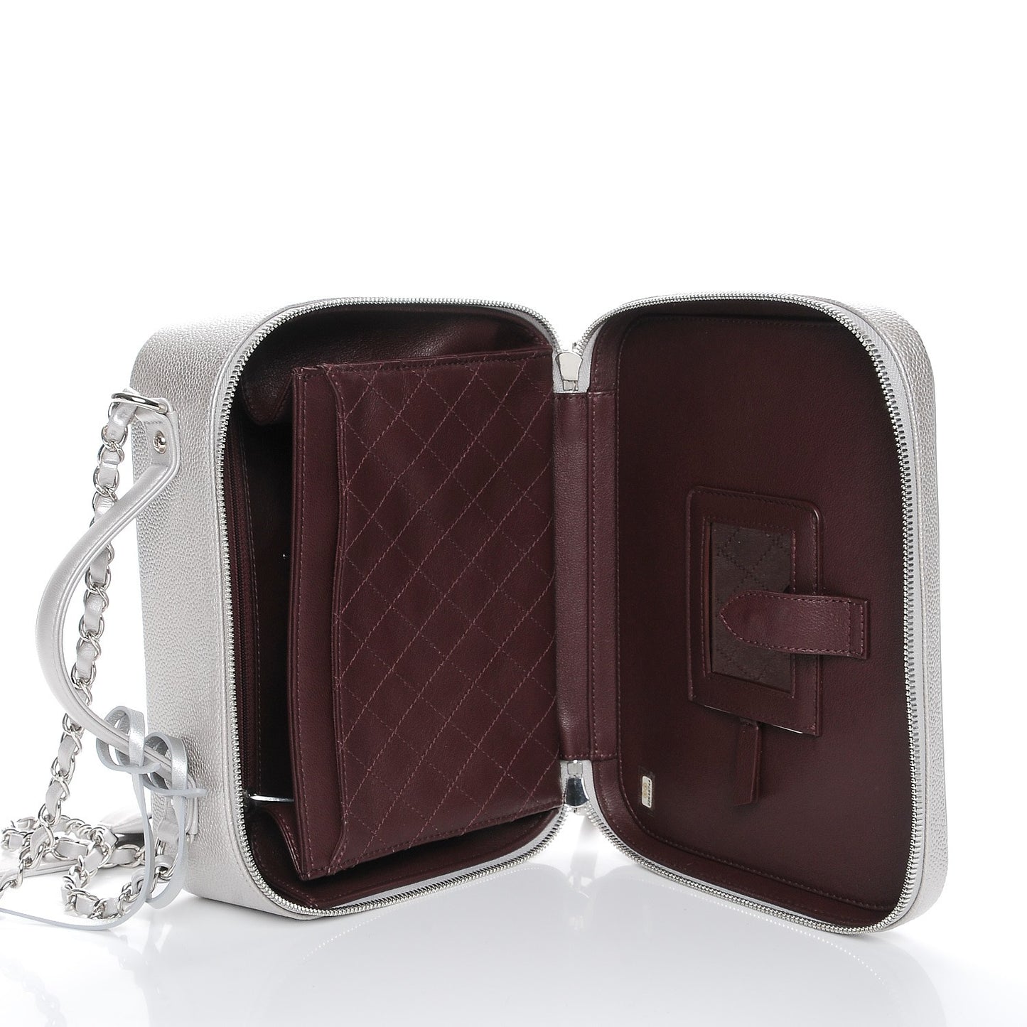 Metallic Caviar Quilted Large CC Filigree Vanity Case Silver