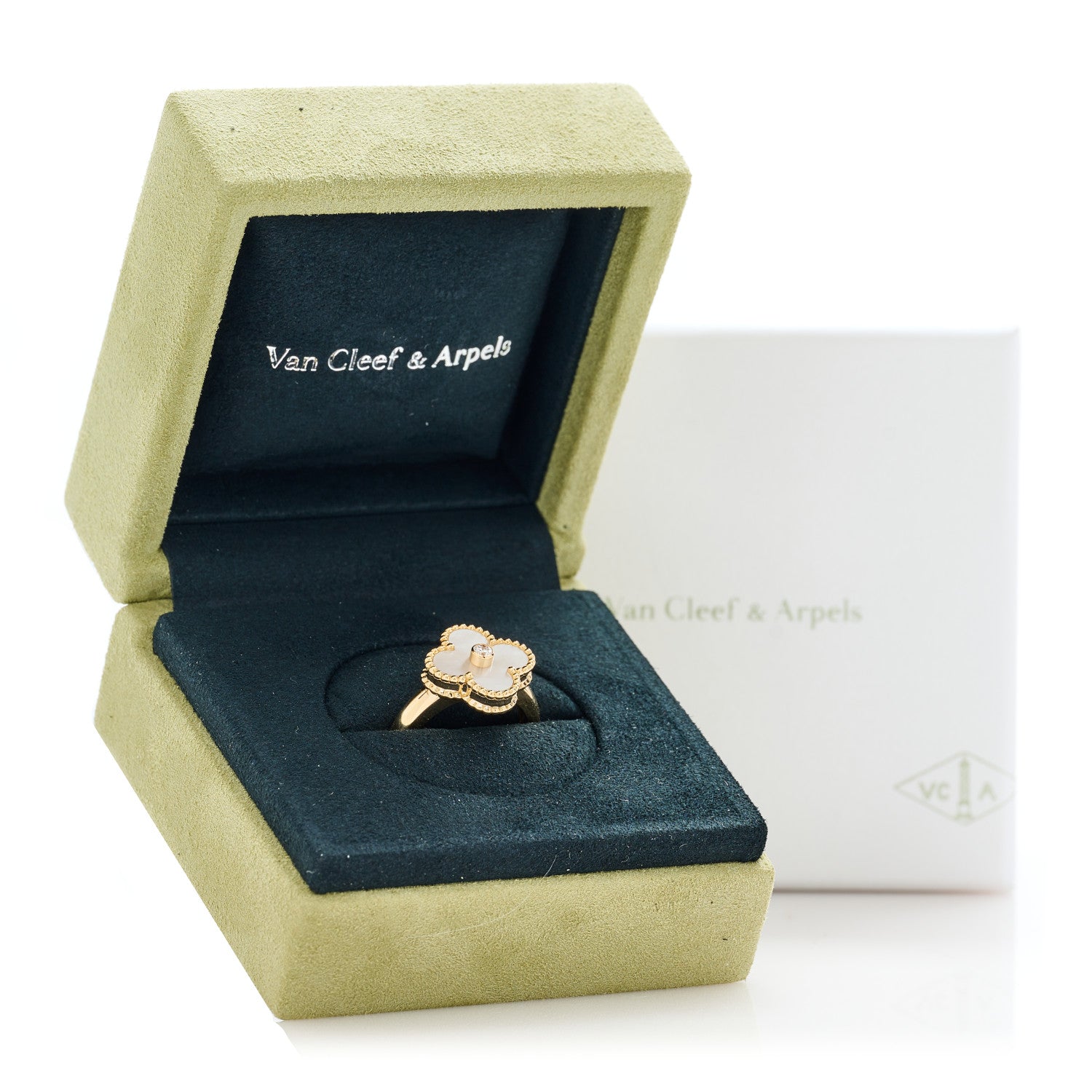 Van Cleef & Arpels 18K Yellow Gold Diamond Mother of Pearl Vintage Alhambra Ring 53 6.5 6 of 6