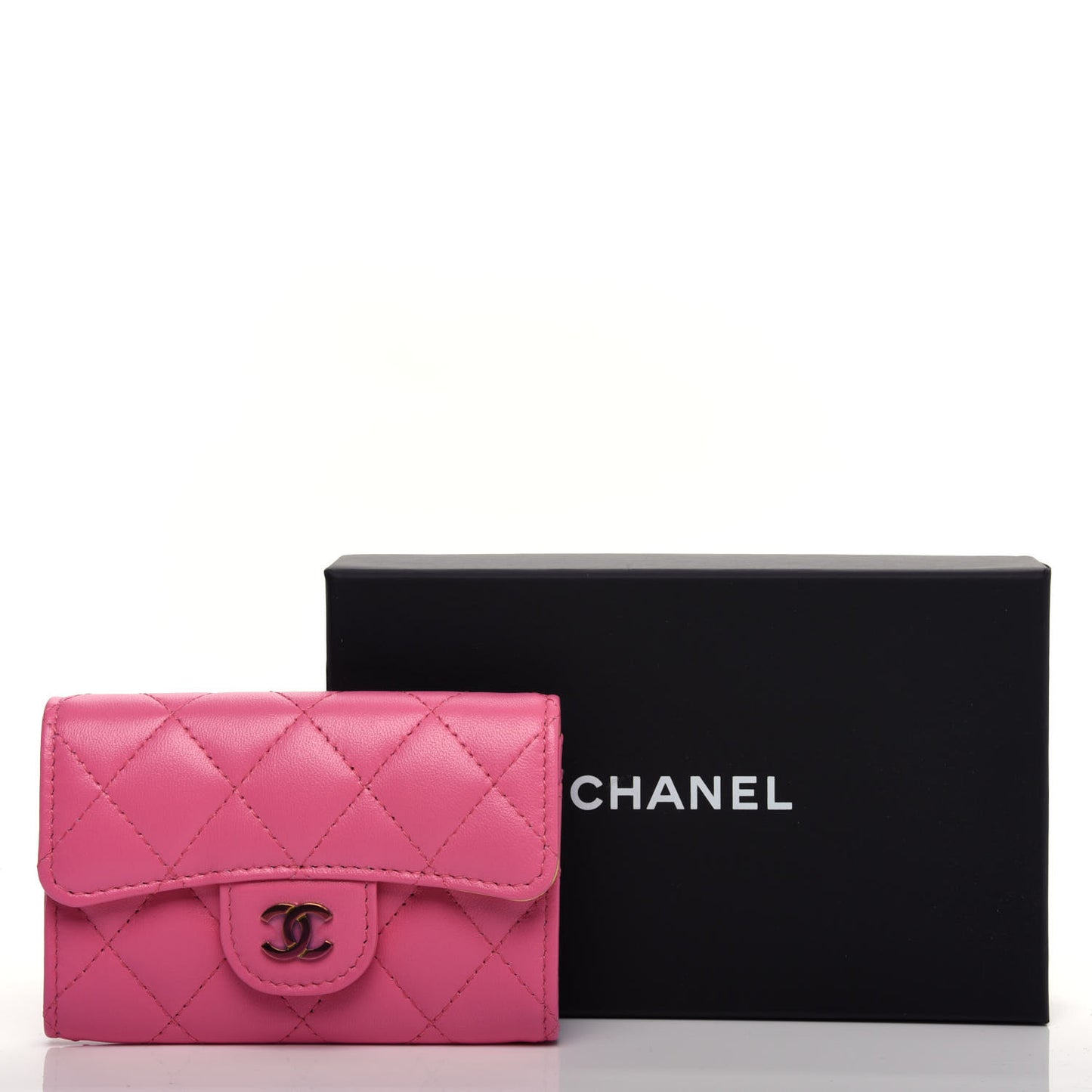 Lambskin Quilted Flap Card Holder Wallet Pink Yellow