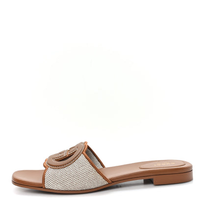 Gucci Canvas Rice Cosmos Softy Calfskin Interlocking G Cut Out Slide Sandals 39.5 Brown Natural Sundial 1 of 8
