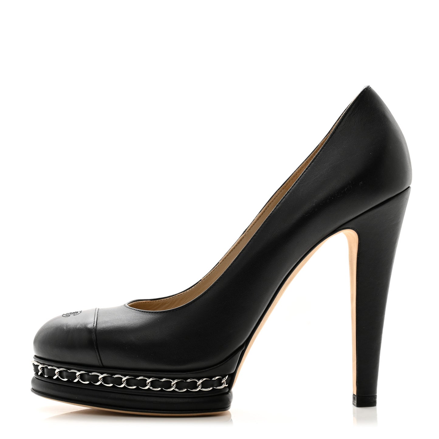 Calfskin CC Cap Toe Platform Chain Pumps 40 Black
