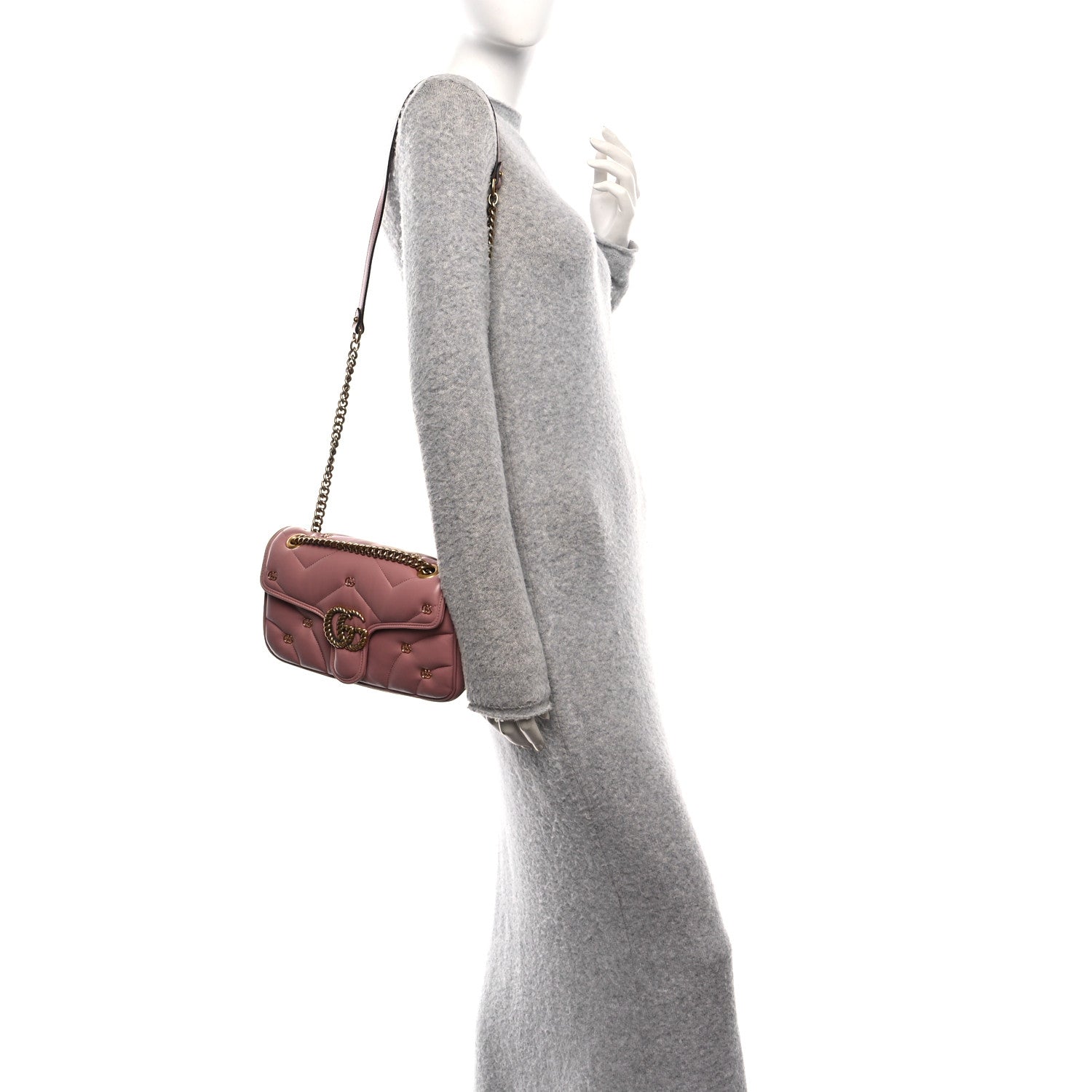 Gucci Calfskin Matelasse Double G Studs Small Torchon GG Marmont Shoulder Bag Dusty Carmine Rose 2 of 10