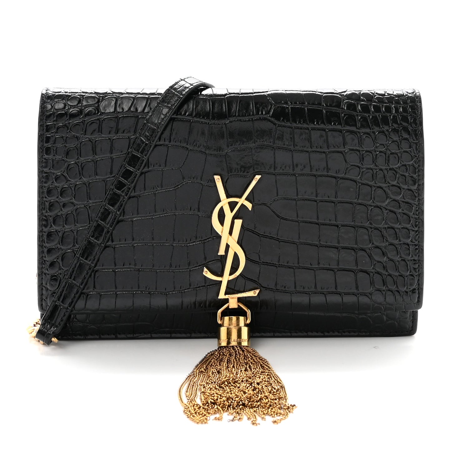 Calfskin Crocodile Embossed Kate Monogram Tassel Chain Wallet Black