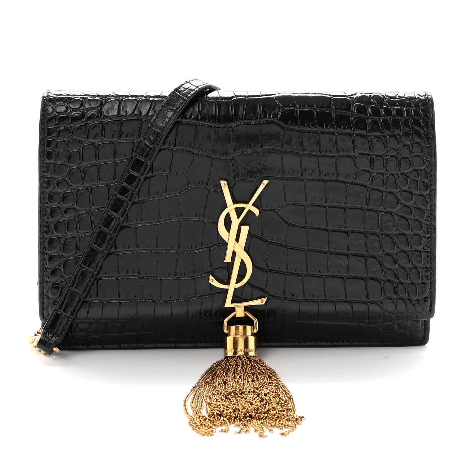 Saint Laurent Calfskin Crocodile Embossed Kate Monogram Tassel Chain Wallet Black 1 of 9
