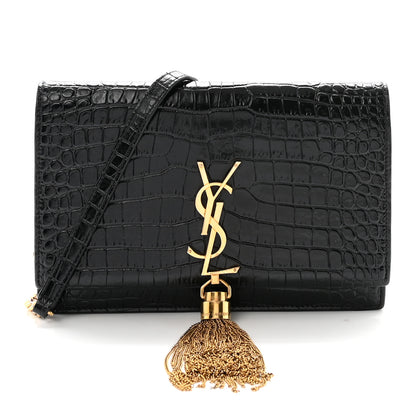 Saint Laurent Calfskin Crocodile Embossed Kate Monogram Tassel Chain Wallet Black 1 of 9