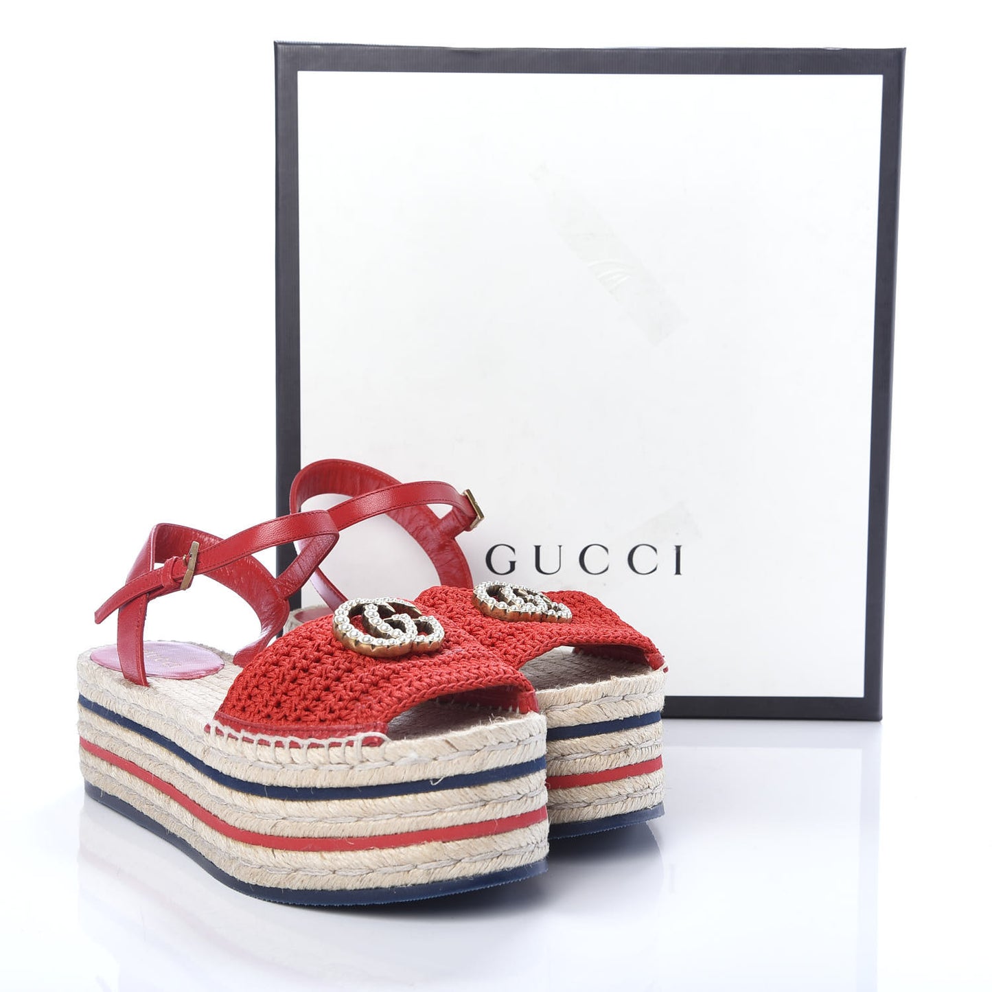 Cotton Malaga Kid Crochet Pearly GG Lilibeth Espadrille Platform Sandals 36.5 Hibiscus Red
