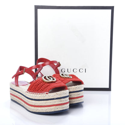 Gucci Cotton Malaga Kid Crochet Pearly GG Lilibeth Espadrille Platform Sandals 36.5 Hibiscus Red 10 of 10